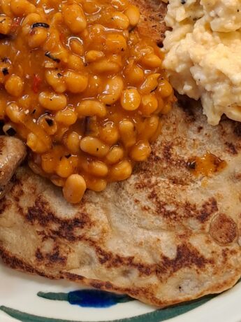 Derbyshire oatcakes, baked beans, scrambled egg and mushrooms