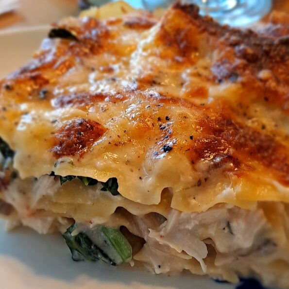 white chicken lasagne with kale and mushrooms