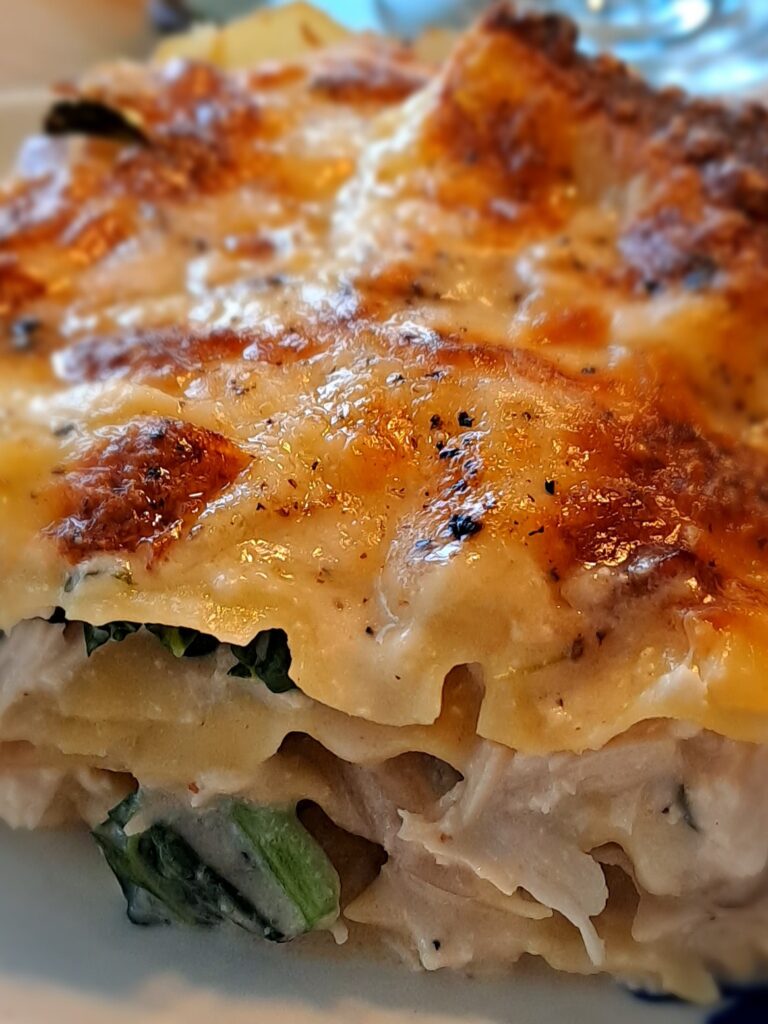 white chicken lasagne with kale and mushrooms